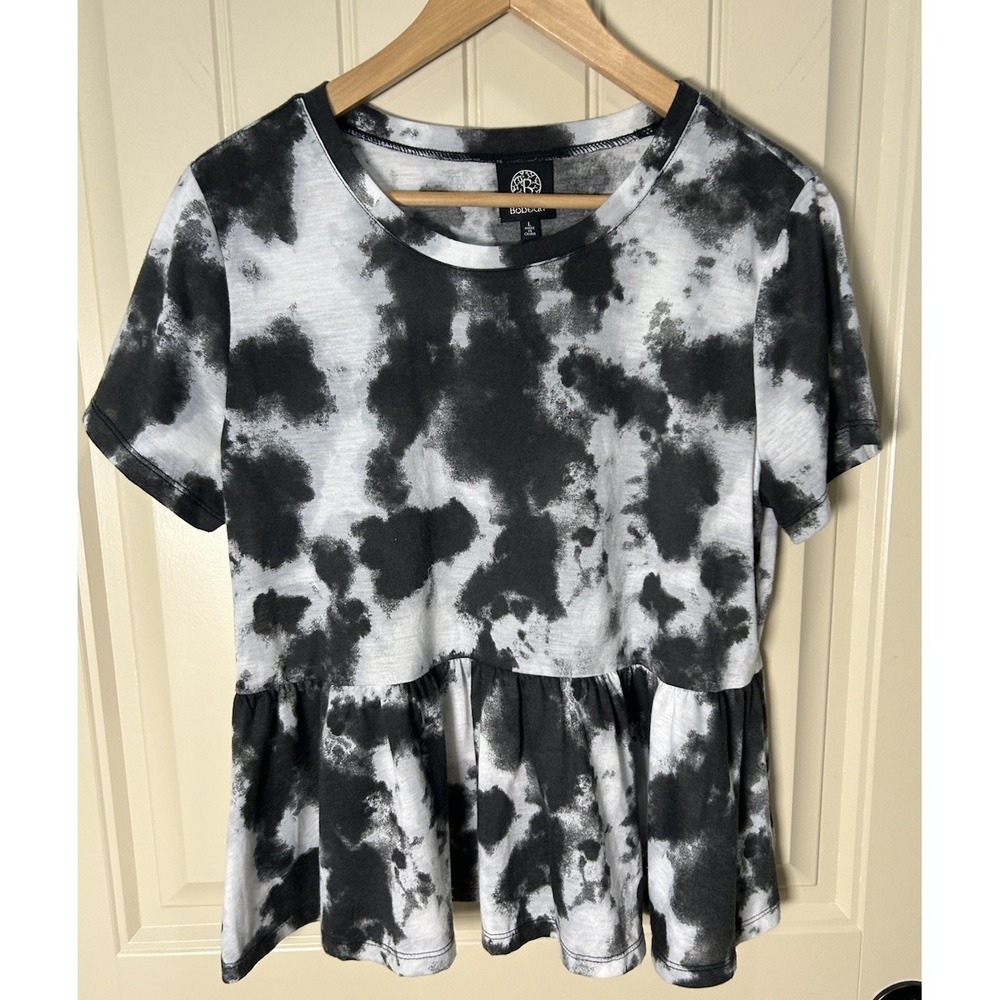 Bobeau Women Peplum Blouse Sz L White Black Tie Dye Festival Boho Hippie Casual